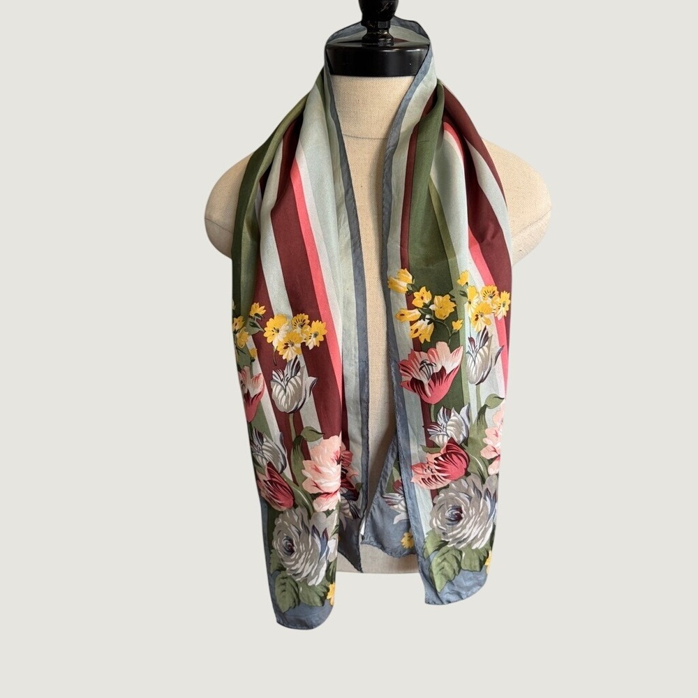 Adrienne Vittadini Vintage Floral Striped Silk Scarf Green Burgundy Blue 56 Inch